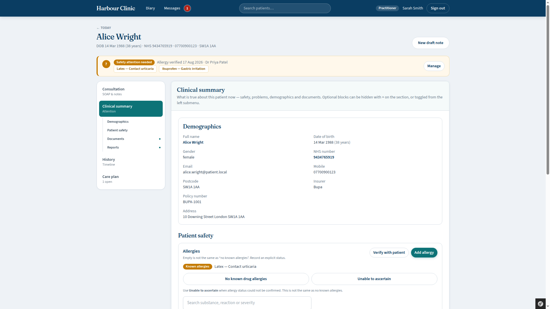 Patient clinical record showing safety alerts, allergies and clinical summary