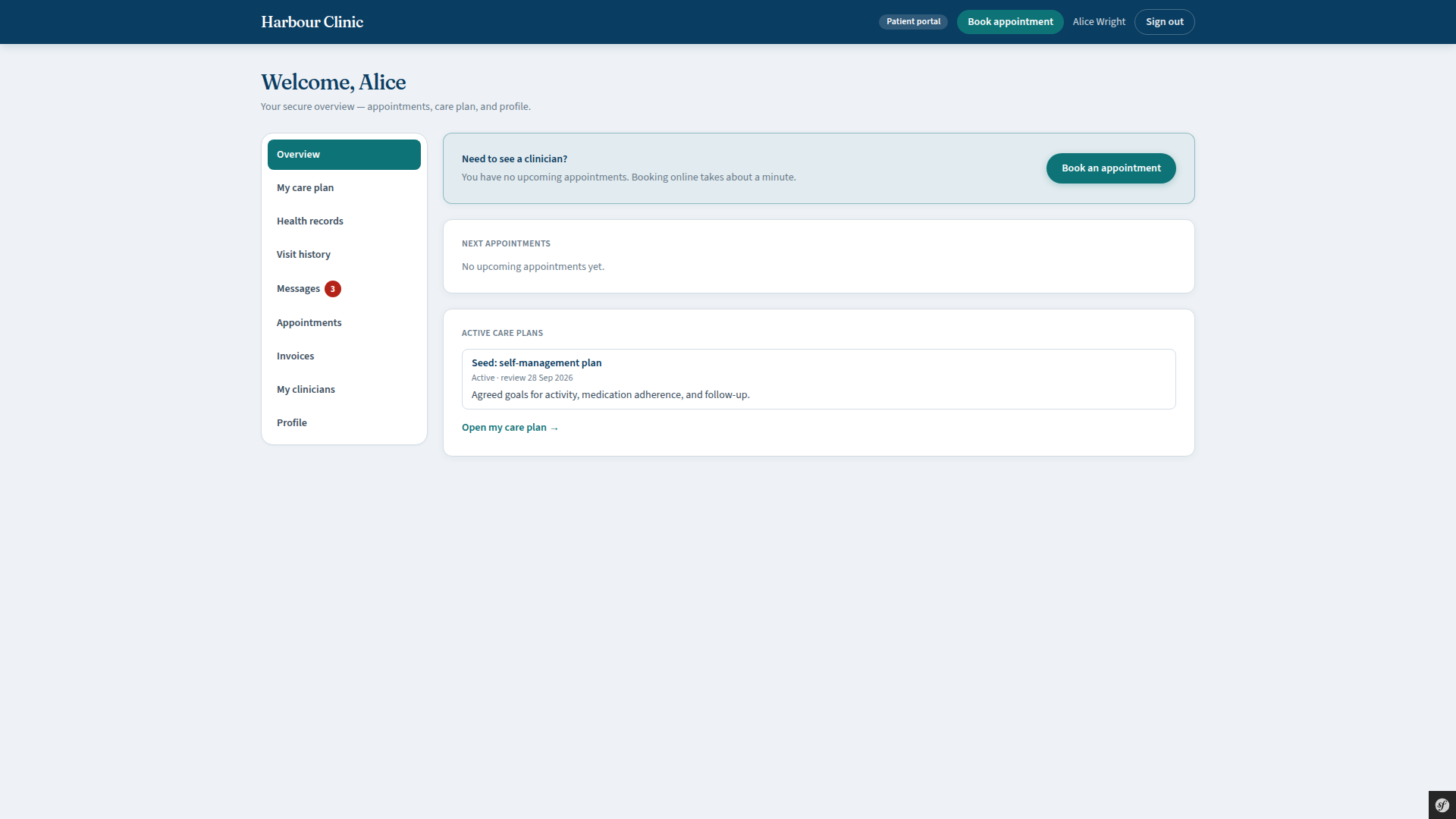 Patient portal overview with appointments, care plan and profile links