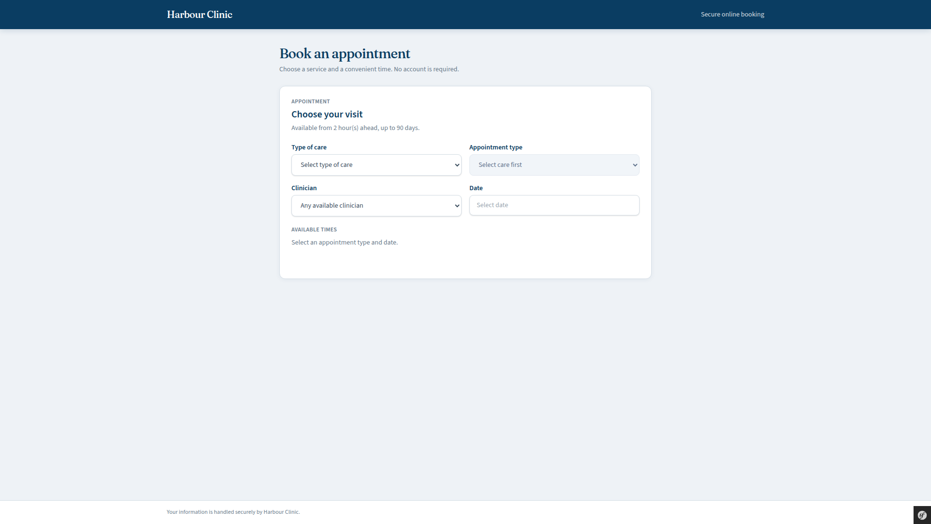 Public appointment booking page with service, clinician and date selectors